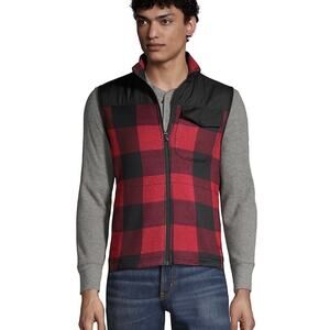 NEW Lands' End Men's Sweater Fleece Vest Red Buffalo Plaid Large 42-44 Full Zip
